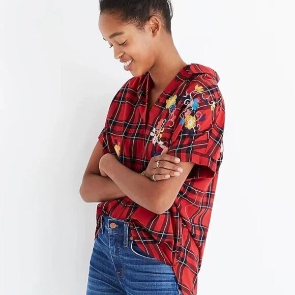 Madewell Embroidered Floral Short Sleeve Button Down Shirt Red Plaid Size XS - Picture 2 of 7